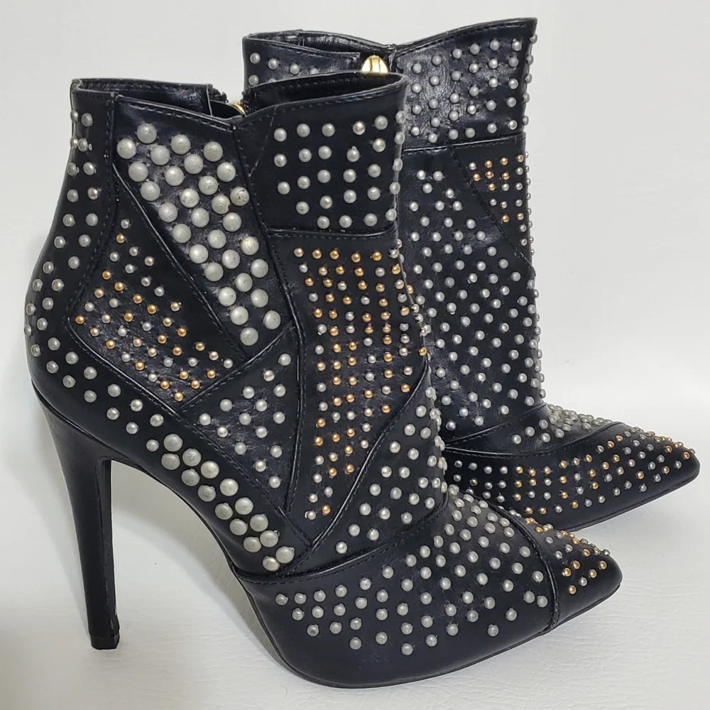 Liliana Studded Black and Silver Heeled Boots Women's Size 5.5 - Picture 4 of 8